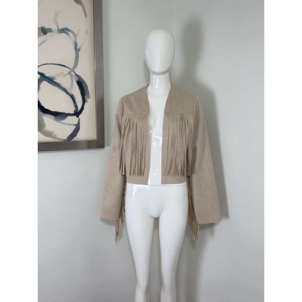 Women’s Boho Western Fringe Faux Suede Jacket Beige Festival Cowgirl Size L - Picture 1 of 13